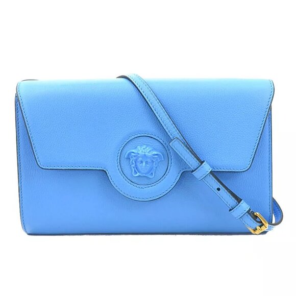 Auth VERSACE Medusa Shoulder Bag Blue Leather - - Picture 1 of 12